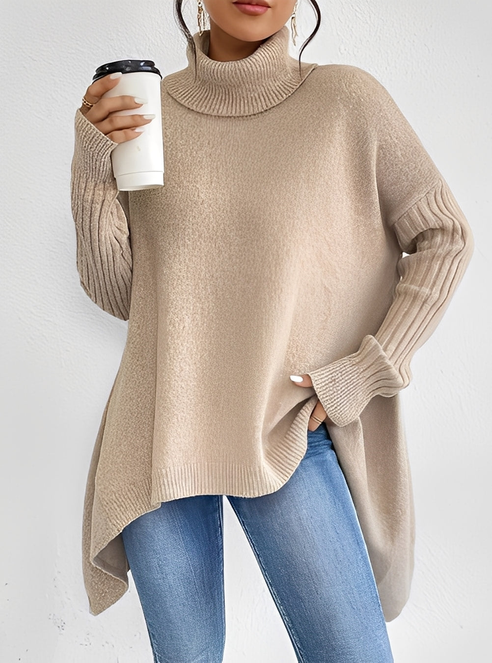 Wendy - Trendy długi sweter z wysokim kołnierzem dla kobiet