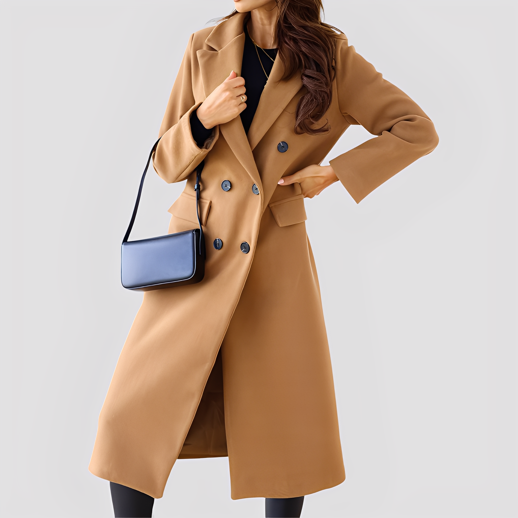 Jasmin - Stylowy długi płaszcz dwurzędowy dla kobiet