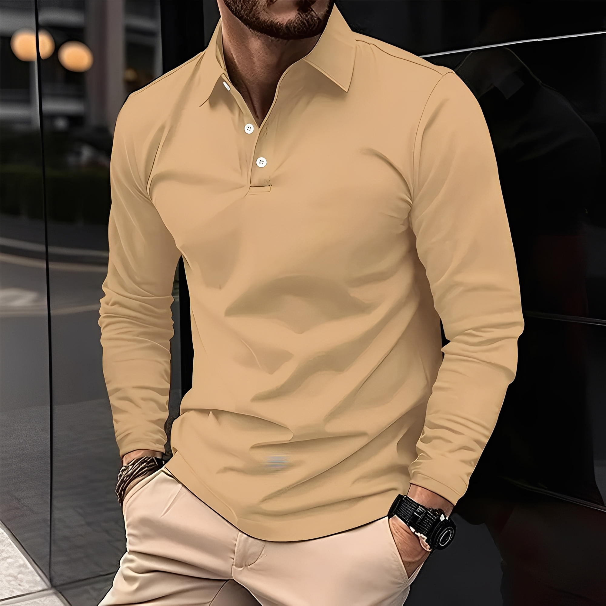 Stephen - Męska polo z długim rękawem, luźny fason