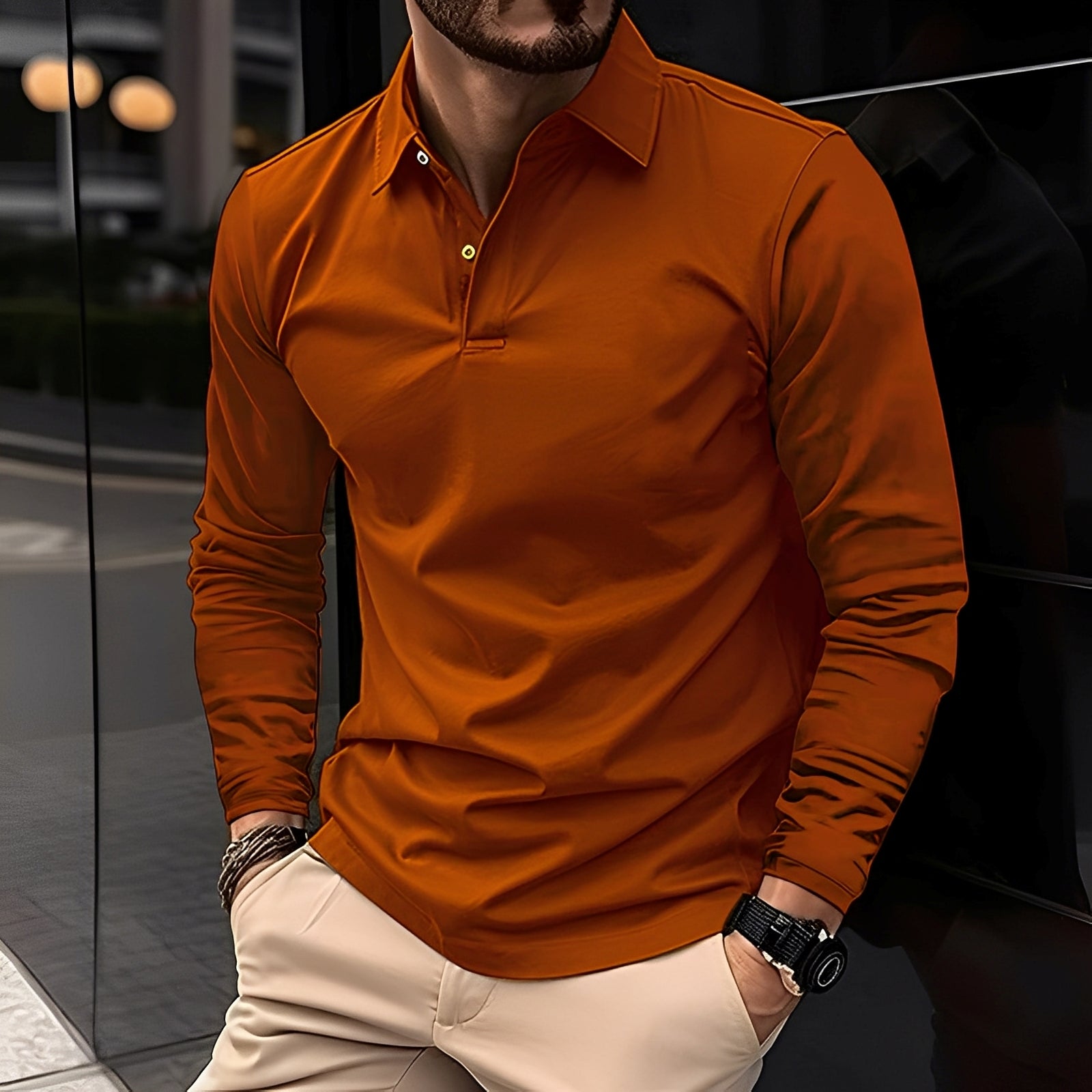 Stephen - Męska polo z długim rękawem, luźny fason