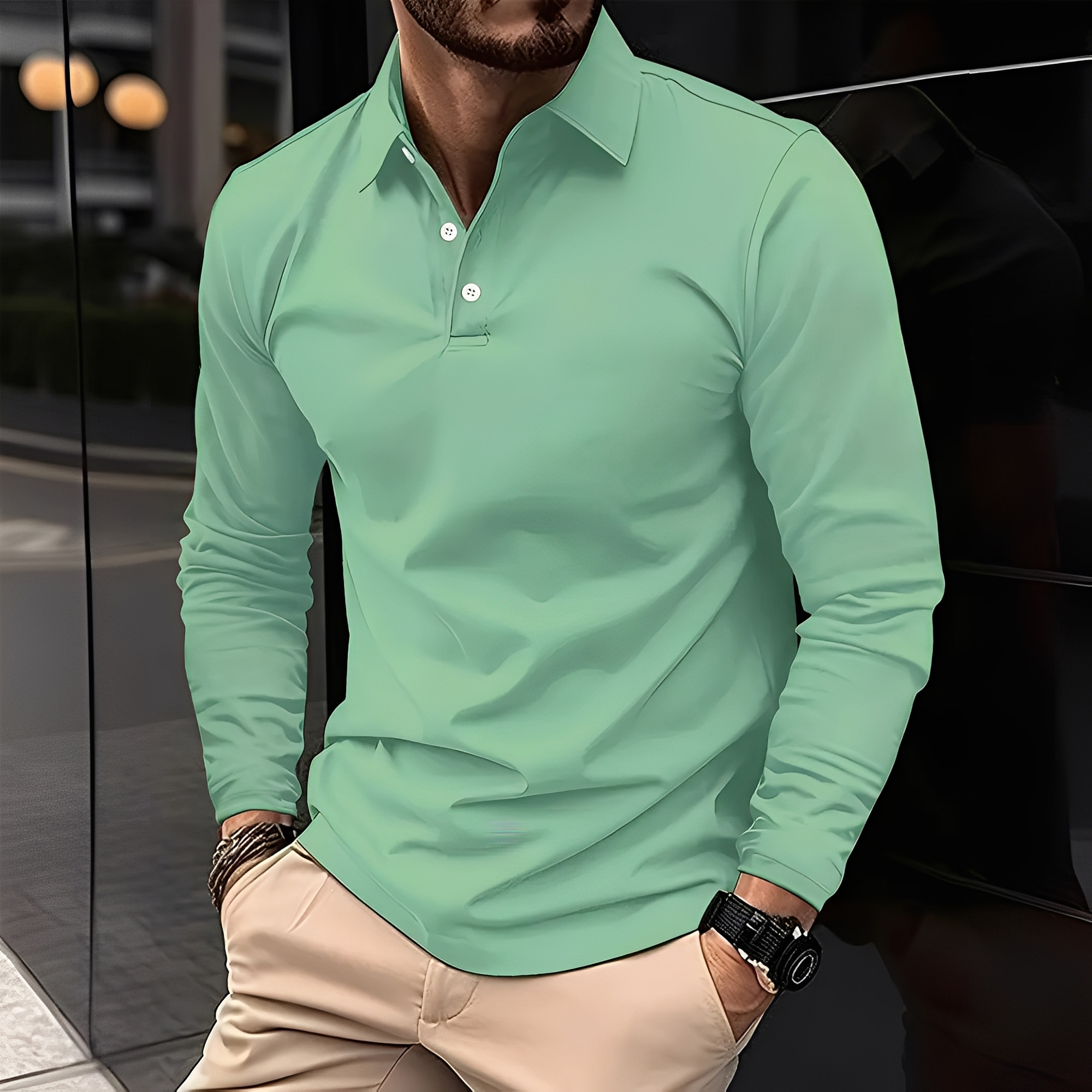 Stephen - Męska polo z długim rękawem, luźny fason