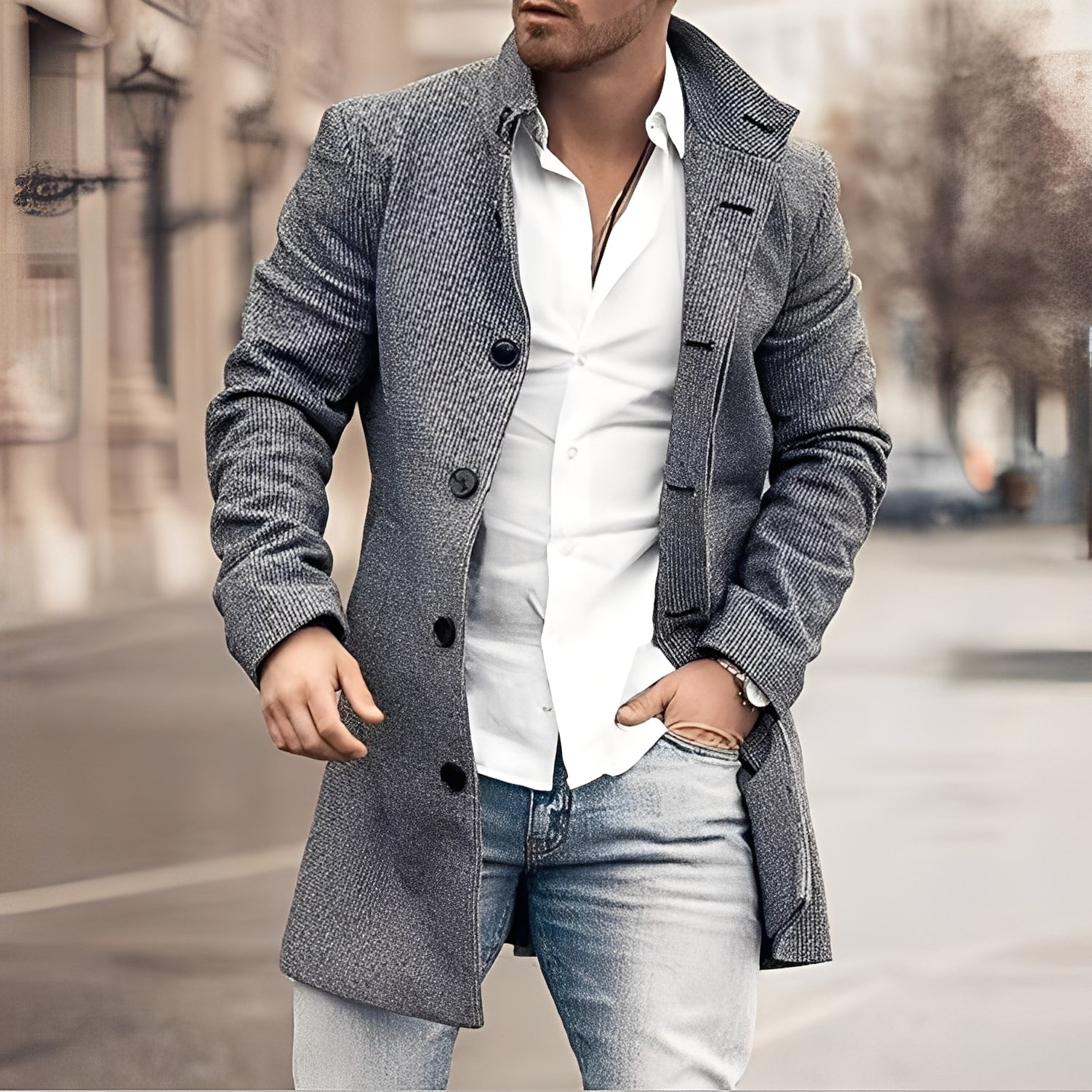 Luke - Stylowy męski płaszcz z tweedu o długości do kolan