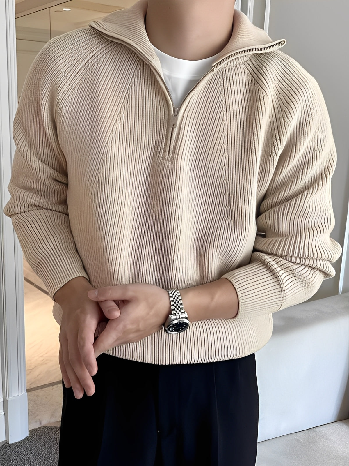 Lucas - Męski modny sweter z zamkiem do połowy