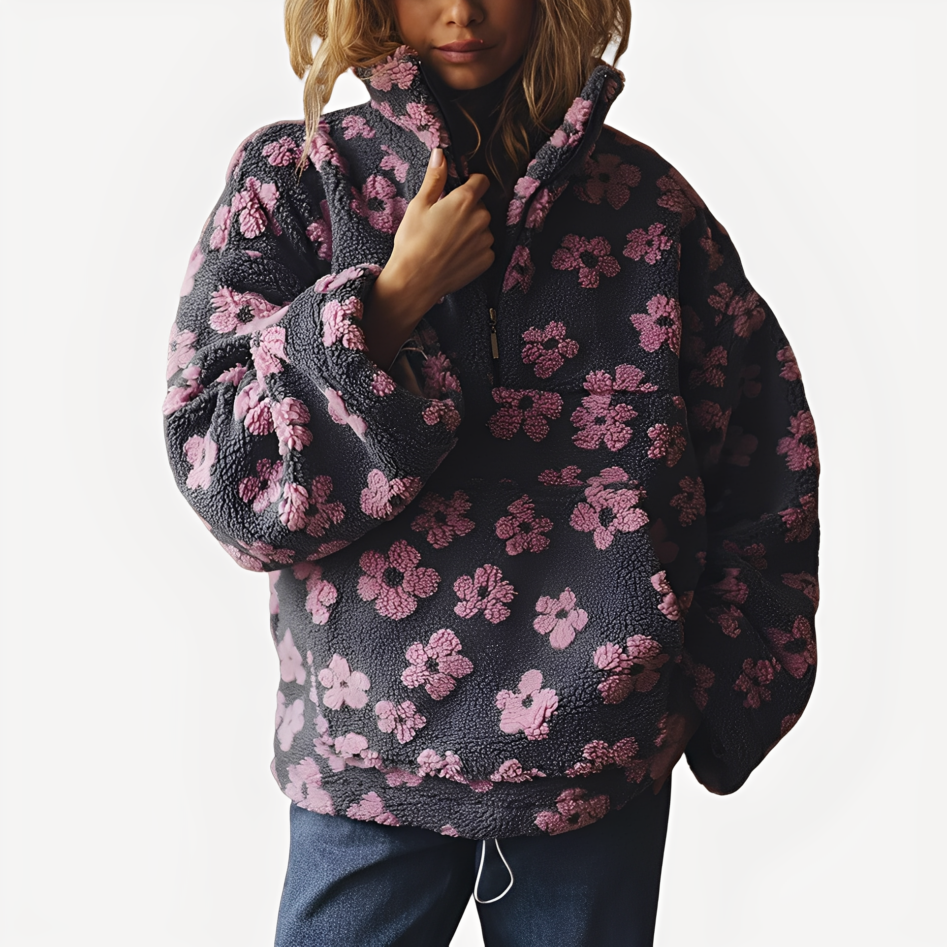 Elizabeth - Stylowy Pulower Sherpa z Kwiatowymi Motywami dla Kobiet