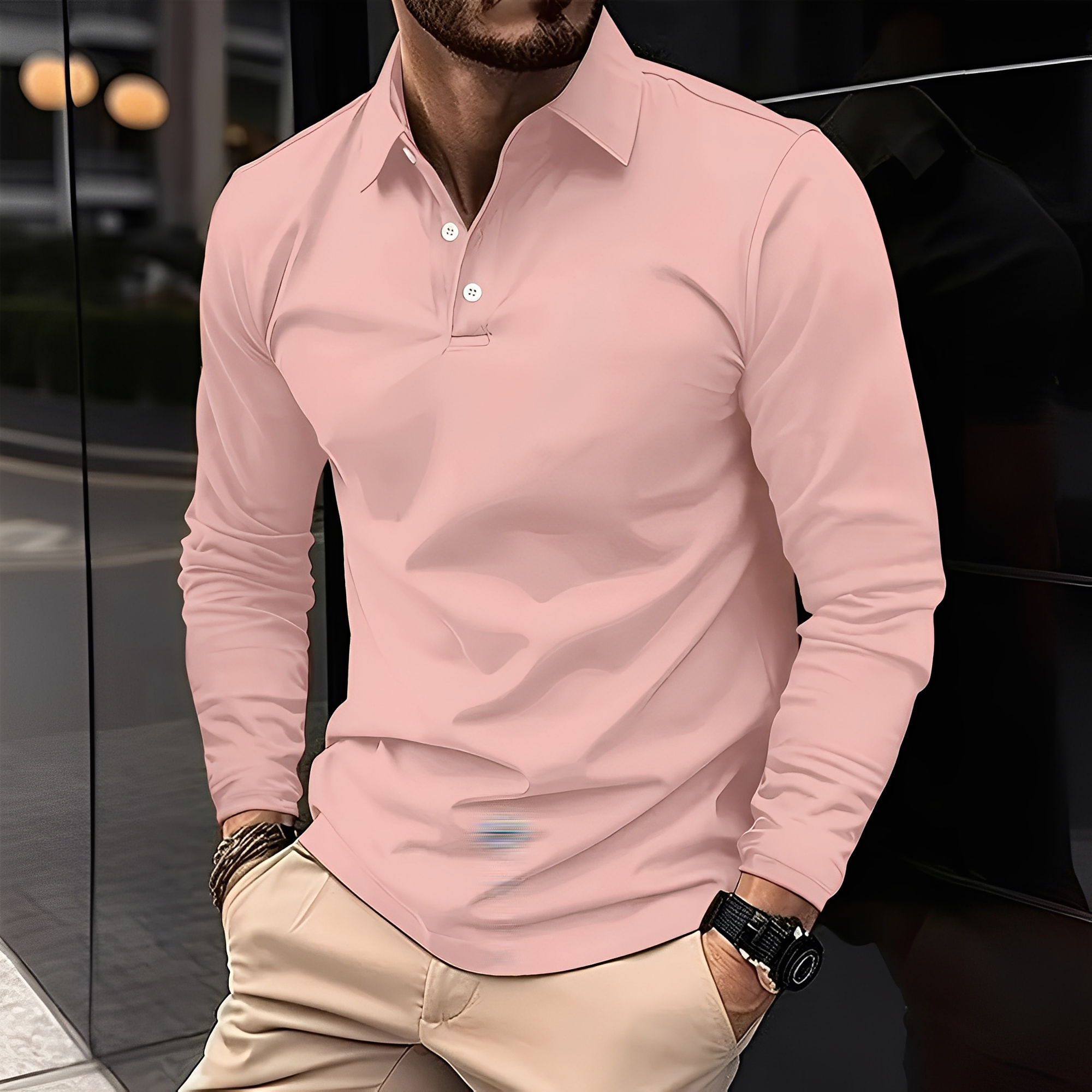 Stephen - Męska polo z długim rękawem, luźny fason