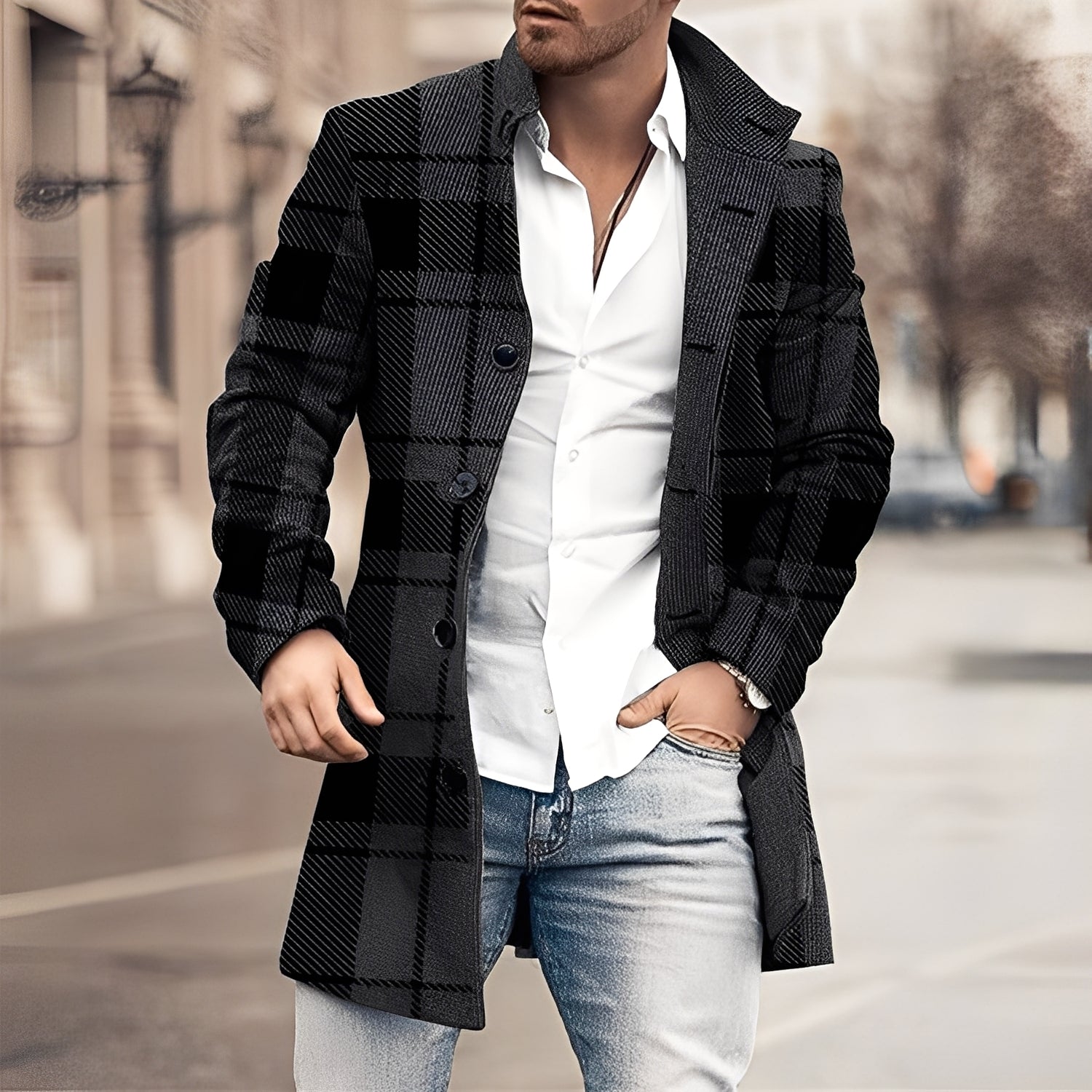 Luke - Stylowy męski płaszcz z tweedu o długości do kolan