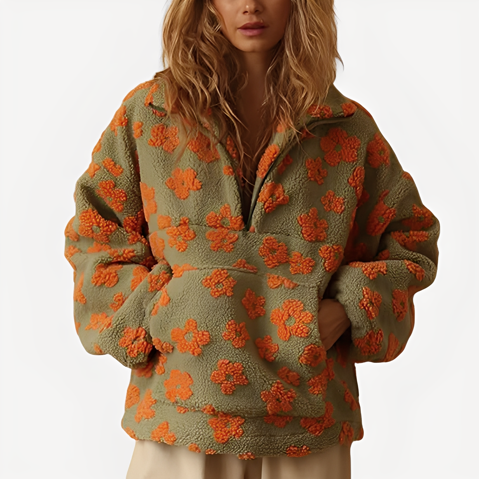 Elizabeth - Stylowy Pulower Sherpa z Kwiatowymi Motywami dla Kobiet