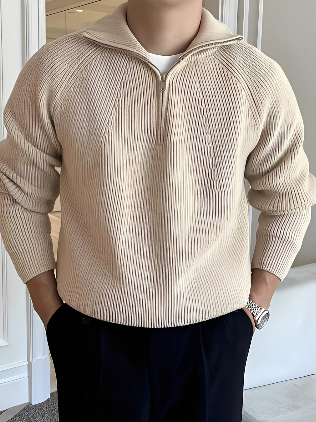 Lucas - Męski modny sweter z zamkiem do połowy