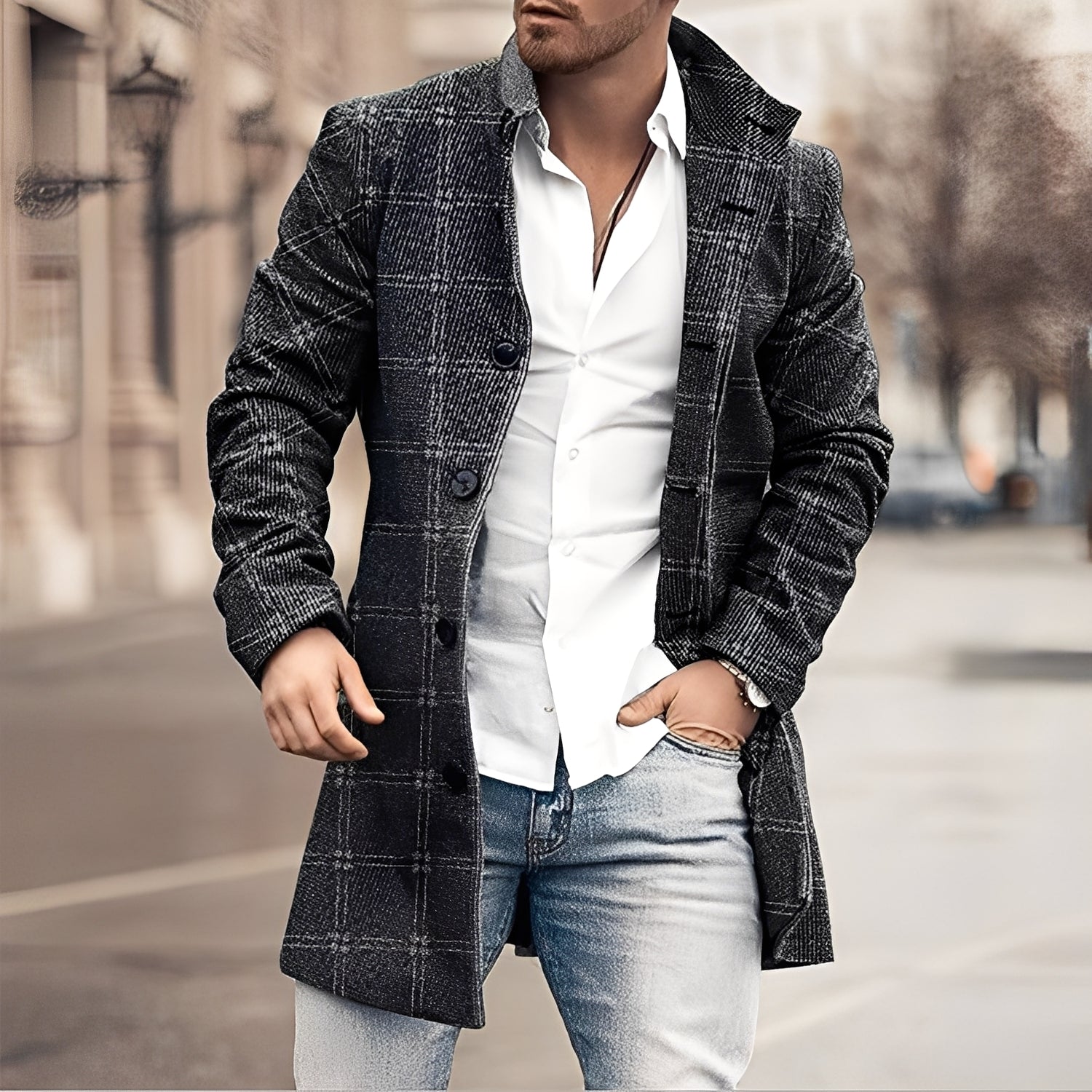 Luke - Stylowy męski płaszcz z tweedu o długości do kolan