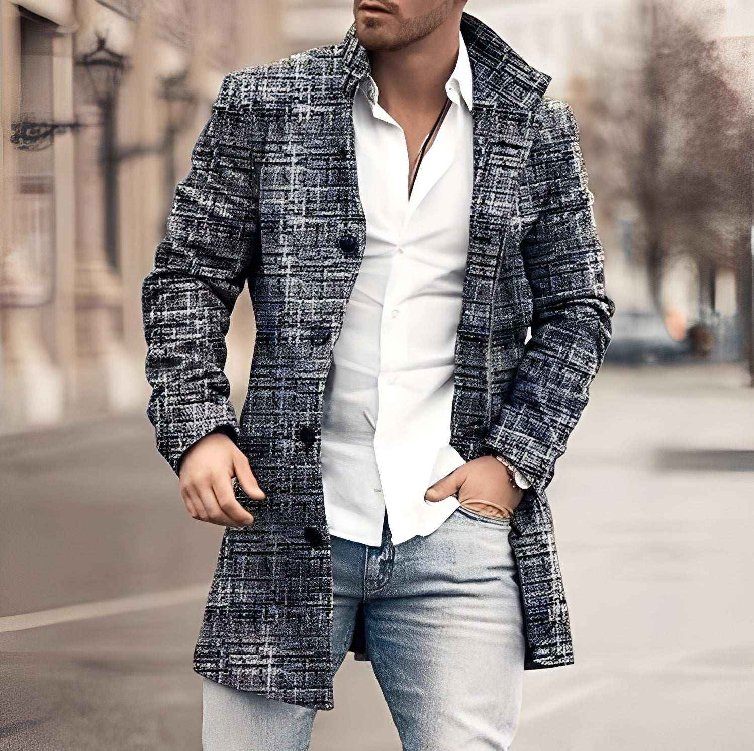 Luke - Stylowy męski płaszcz z tweedu o długości do kolan
