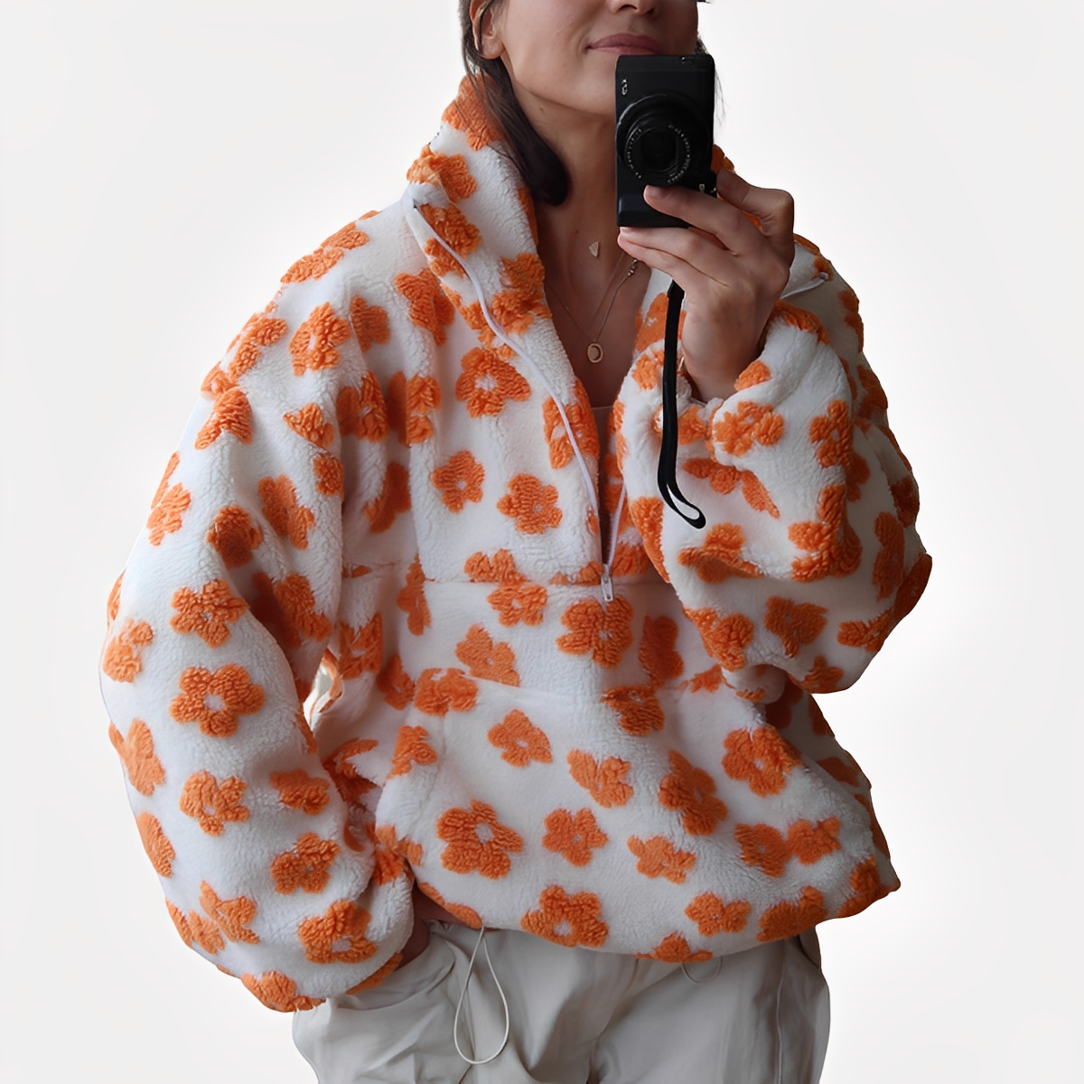 Elizabeth - Stylowy Pulower Sherpa z Kwiatowymi Motywami dla Kobiet
