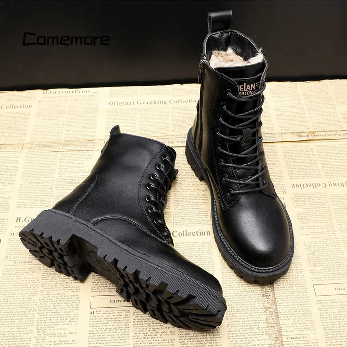 Delphine – Czarne Skórzane Buty Zimowe