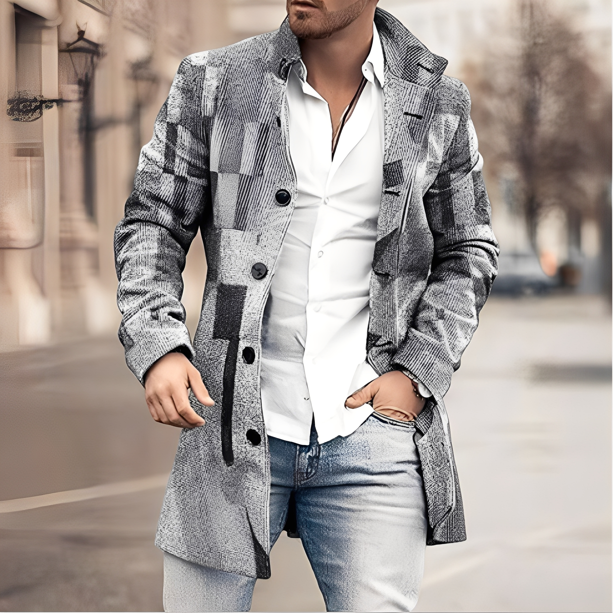 Luke - Stylowy męski płaszcz z tweedu o długości do kolan