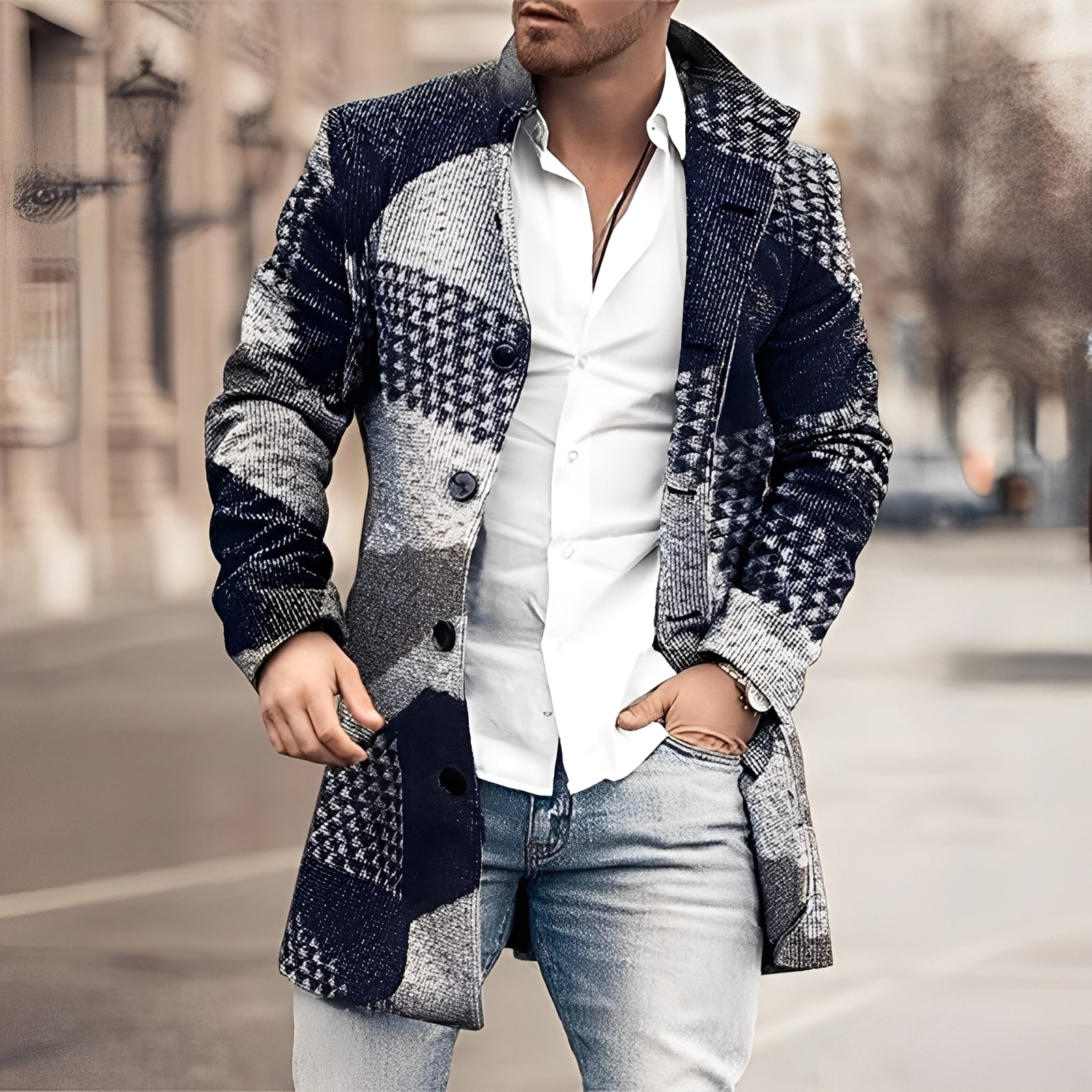 Luke - Stylowy męski płaszcz z tweedu o długości do kolan